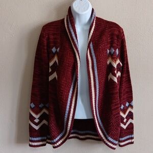 Burgundy Aztec Open Front Cardigan Sweater Women's Small